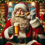DALL·E 2023-12-24 13.31.18 - A humorous and festive image of Santa Claus in a cozy Christmas setting, with honey whimsically flowing out of his nose as he drinks beer. Santa is se.png